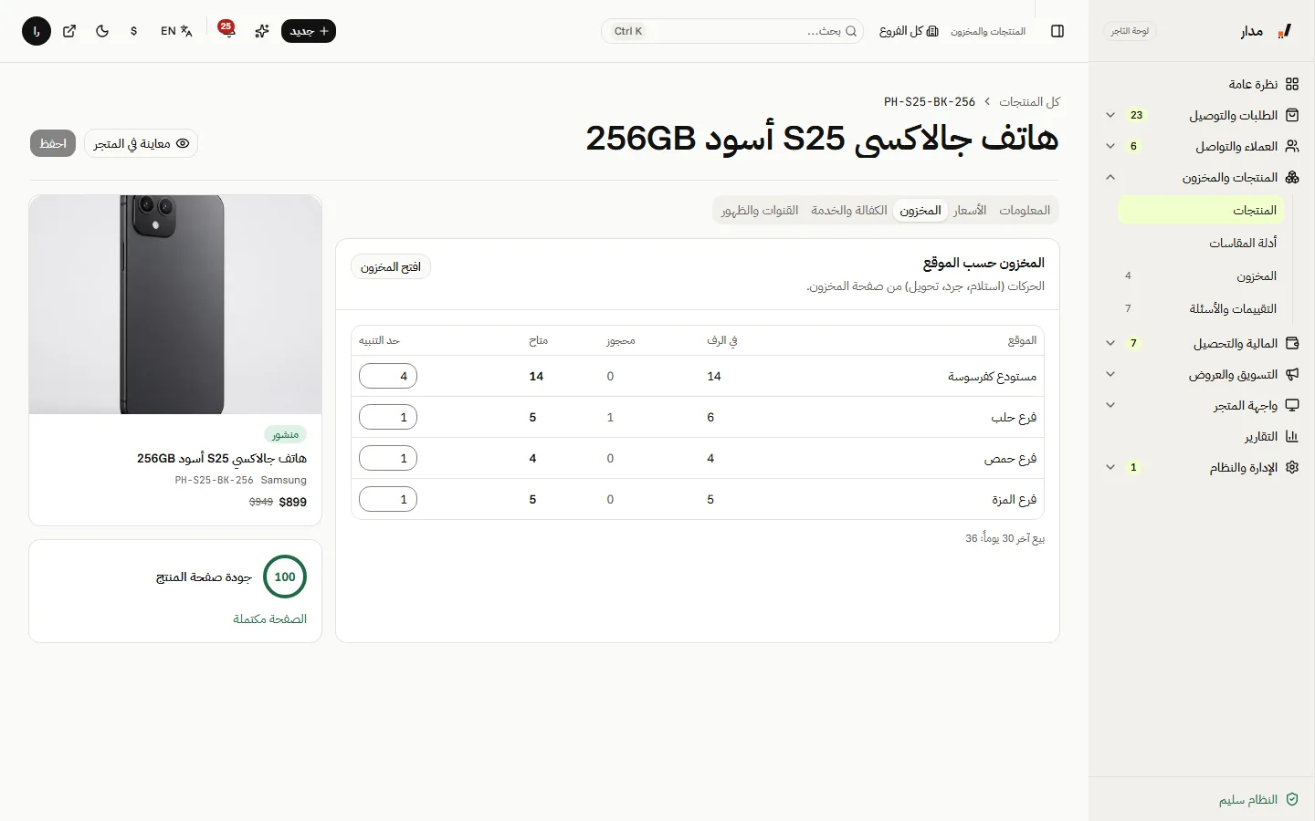 مخزون منتج في كل موقع